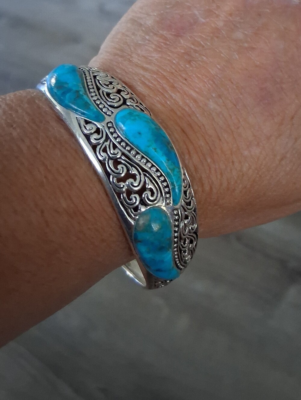 .925 Sterling Silver Natural Turquiose Filigree Cuff Bracelet